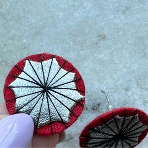 Ornate Red, Silver, Black Web-look Circular Fabric Earrings